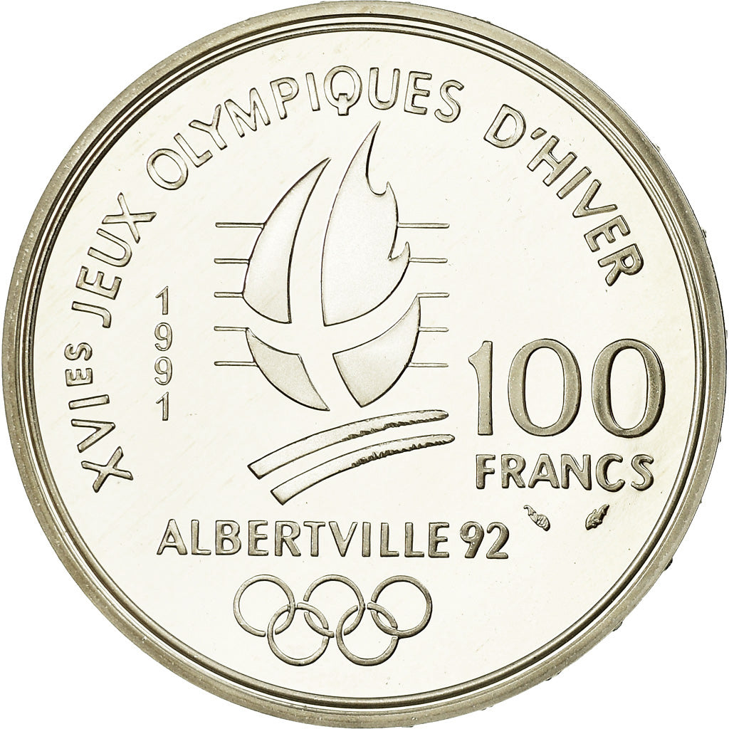 Coin, France, Cross-country skier, 100 Francs, 1991, BE, MS(65-70), Silver