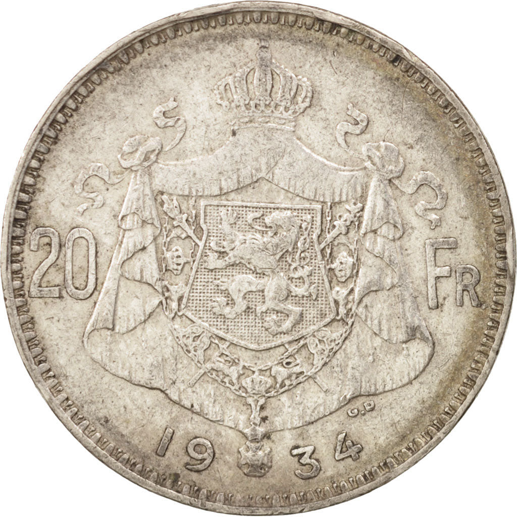 Belgium, 20 Francs, 20 Frank, 1934, EF(40-45), Silver, KM:103.1