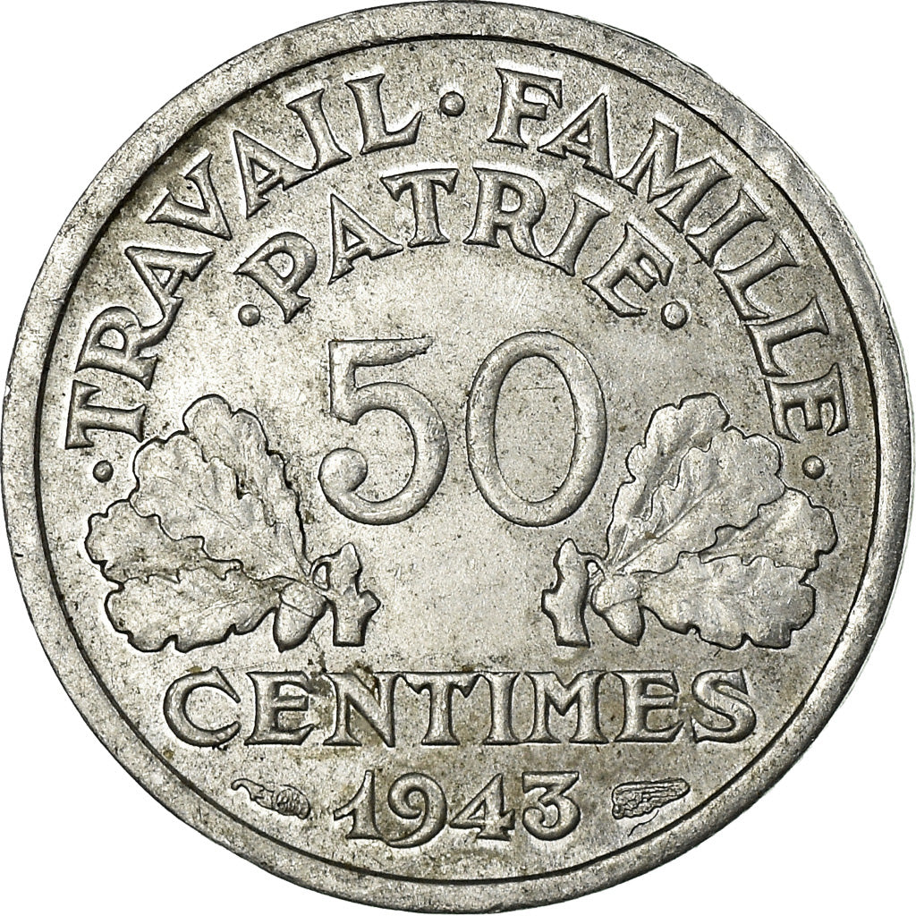 Moneda, Francia, Bazor, 50 Centimes, 1943, Beaumont - Le Roger, MBC, Aluminio