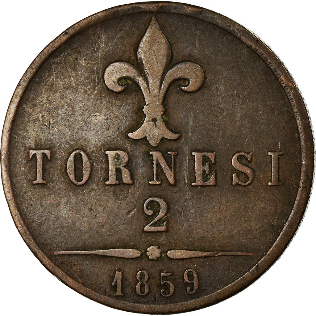 Monnaie, États italiens, NAPLES, Francesco II, 2 Tornesi, 1859, TB+, Cuivre