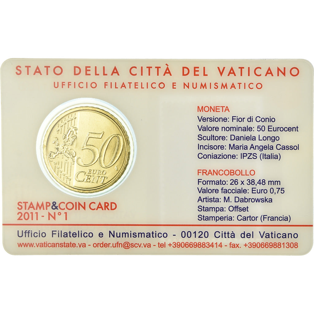 VATICAN CITY, 50 Euro Cent, 2011, Stamp and coin card, MS(65-70), Brass