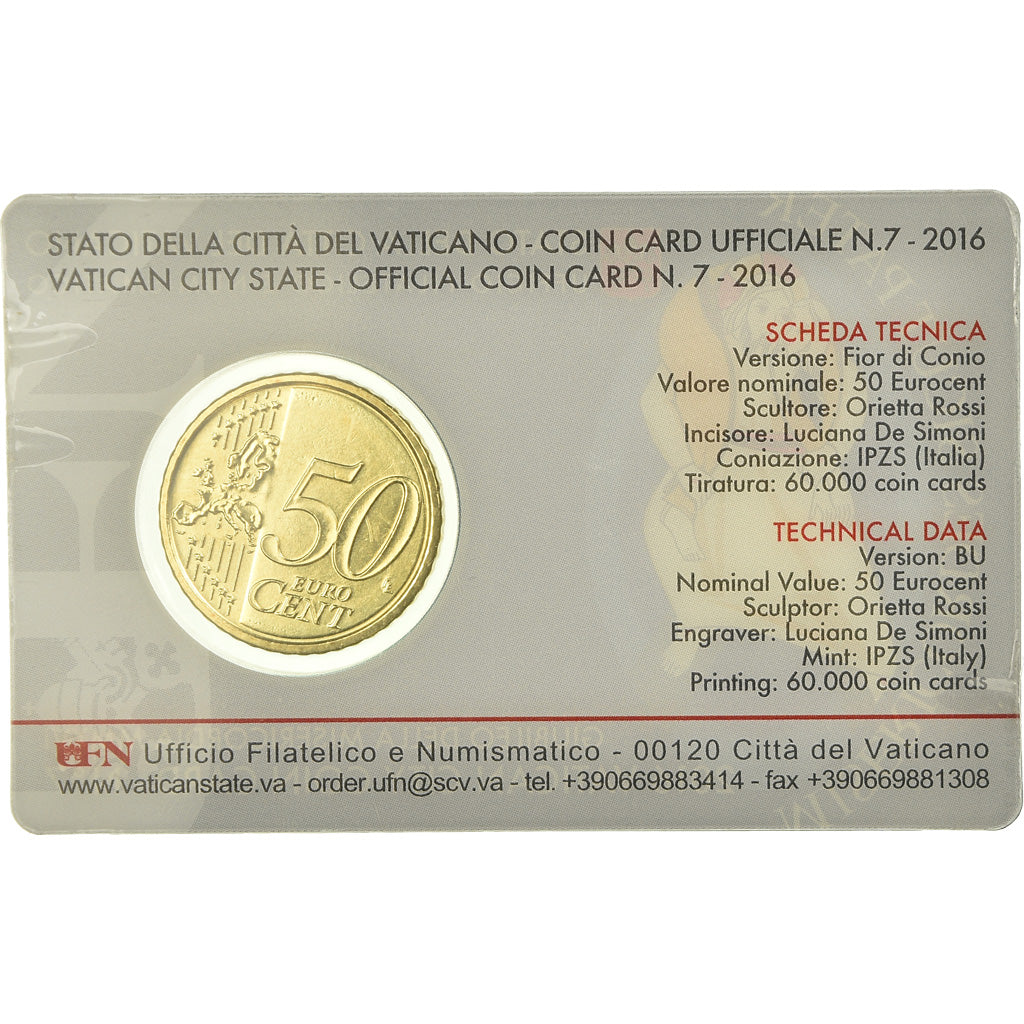 VATICAN CITY, 50 Euro Cent, 2016, Coin card, MS(65-70), Brass