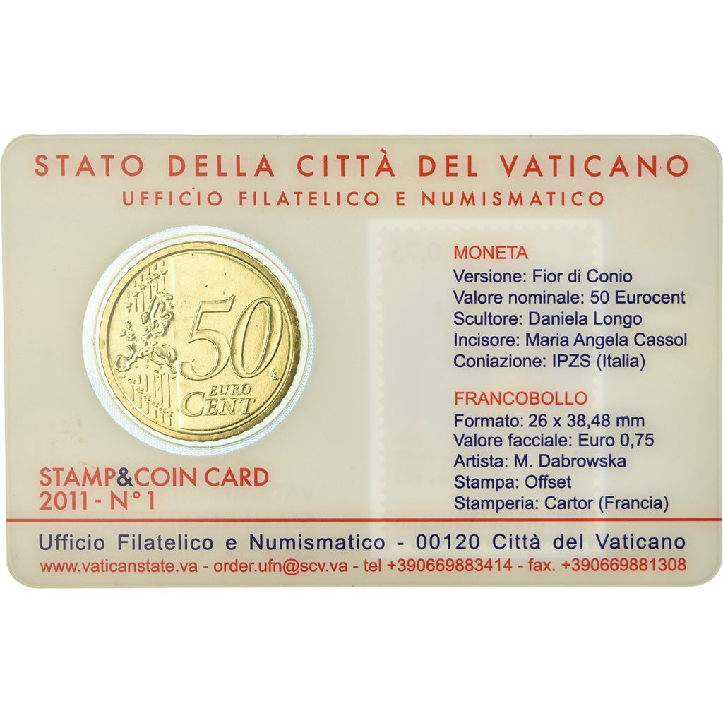 VATICAN CITY, 50 Euro Cent, 2011, Stamp and coin card, MS(65-70), Brass