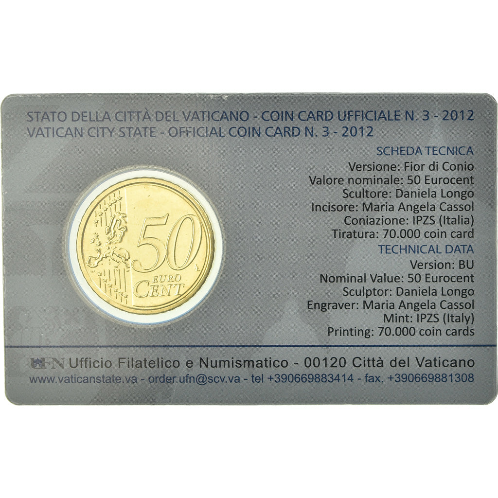 VATICAN CITY, 50 Euro Cent, 2012, Coin card, MS(65-70), Brass