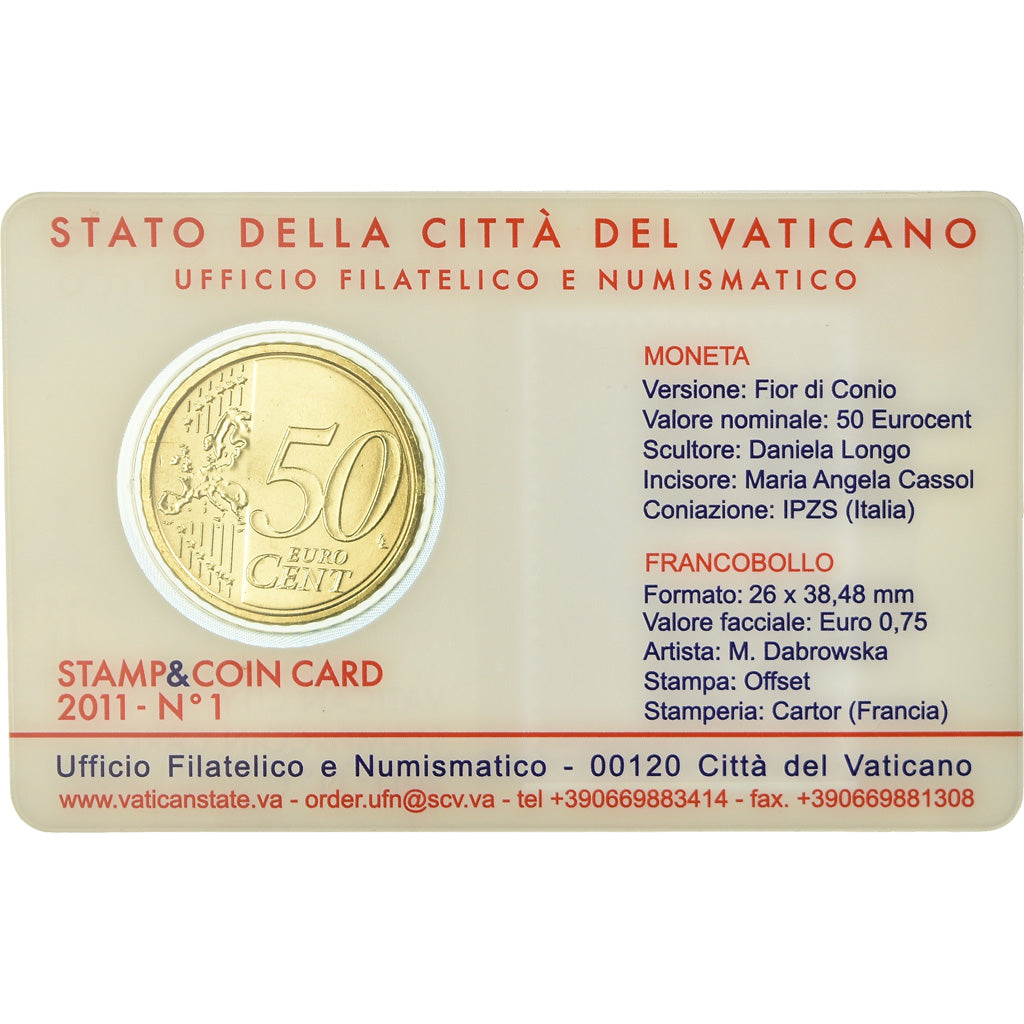 VATICAN CITY, 50 Euro Cent, 2011, Stamp and coin card, MS(65-70), Brass