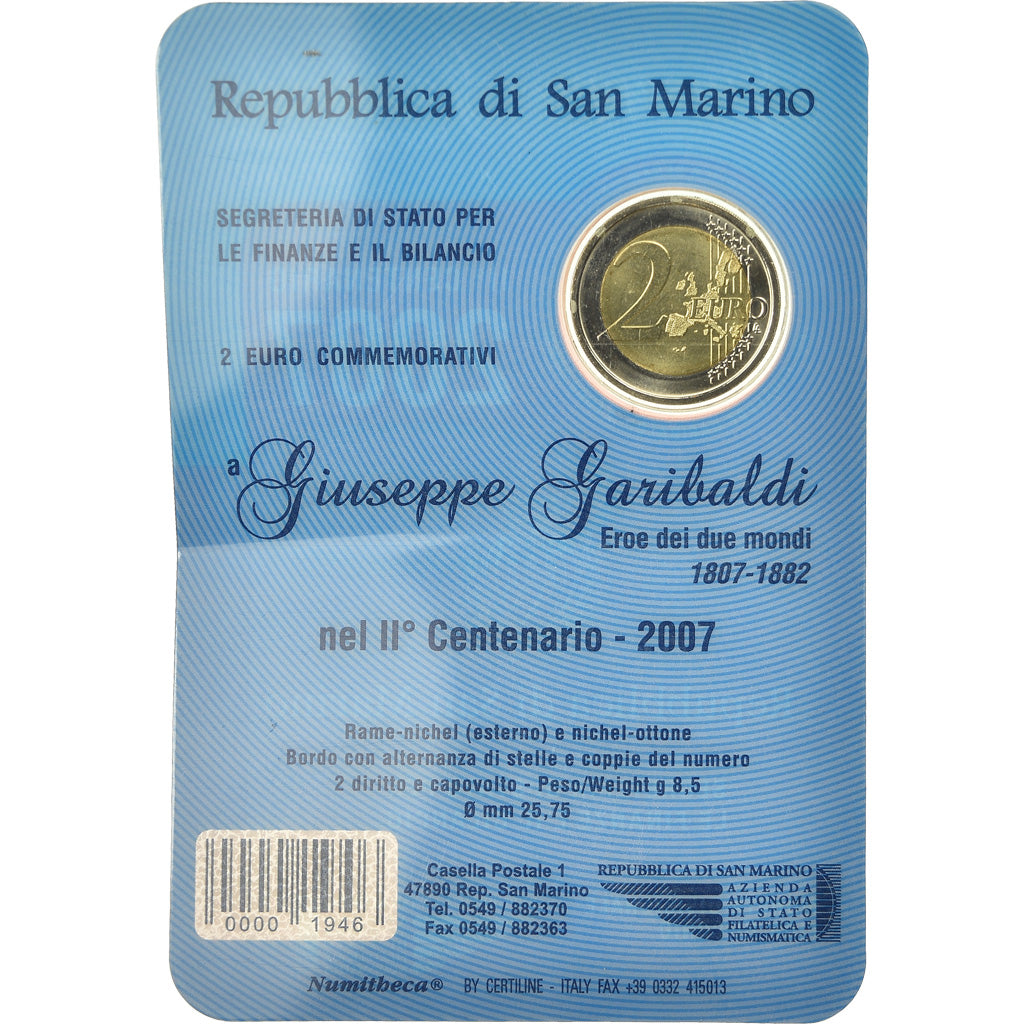 San Marino, 2 Euro, Giuseppe Garibaldi, 2007, MS(65-70), Bimetallic, KM:481