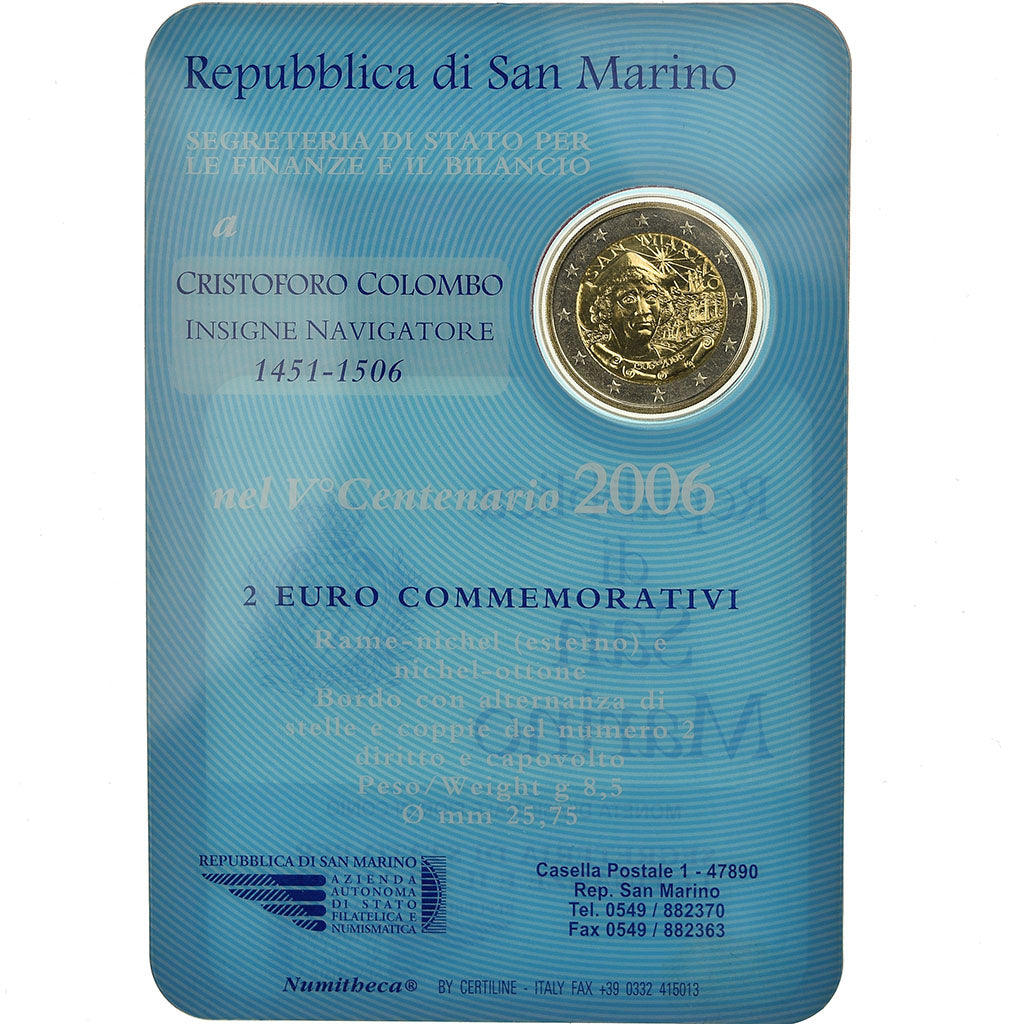 San Marino, 2 Euro, Christophe Colomb, 2006, BU, MS(65-70), Bimetallic, KM:478
