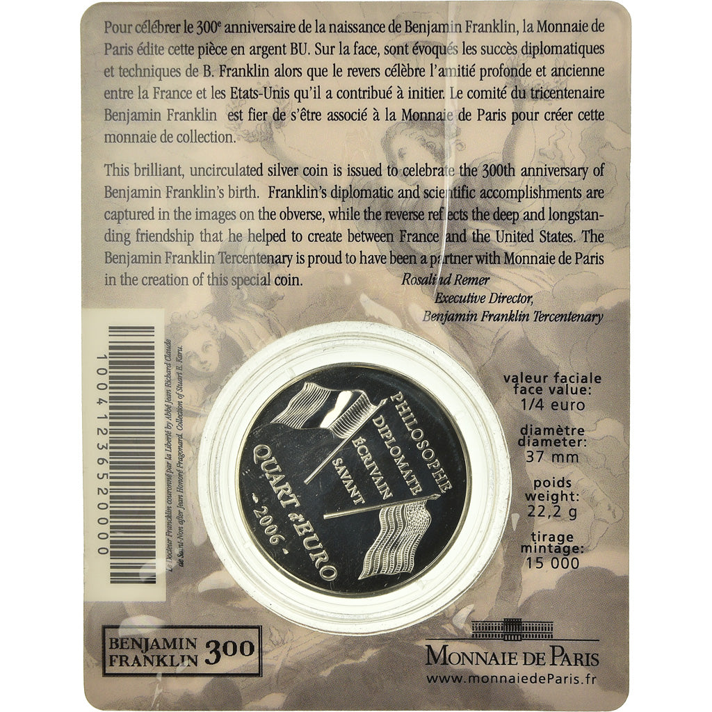 France, 1/4 Euro, Benjamin Franklin, 2006, BU, MS(65-70), Silver, KM:1442