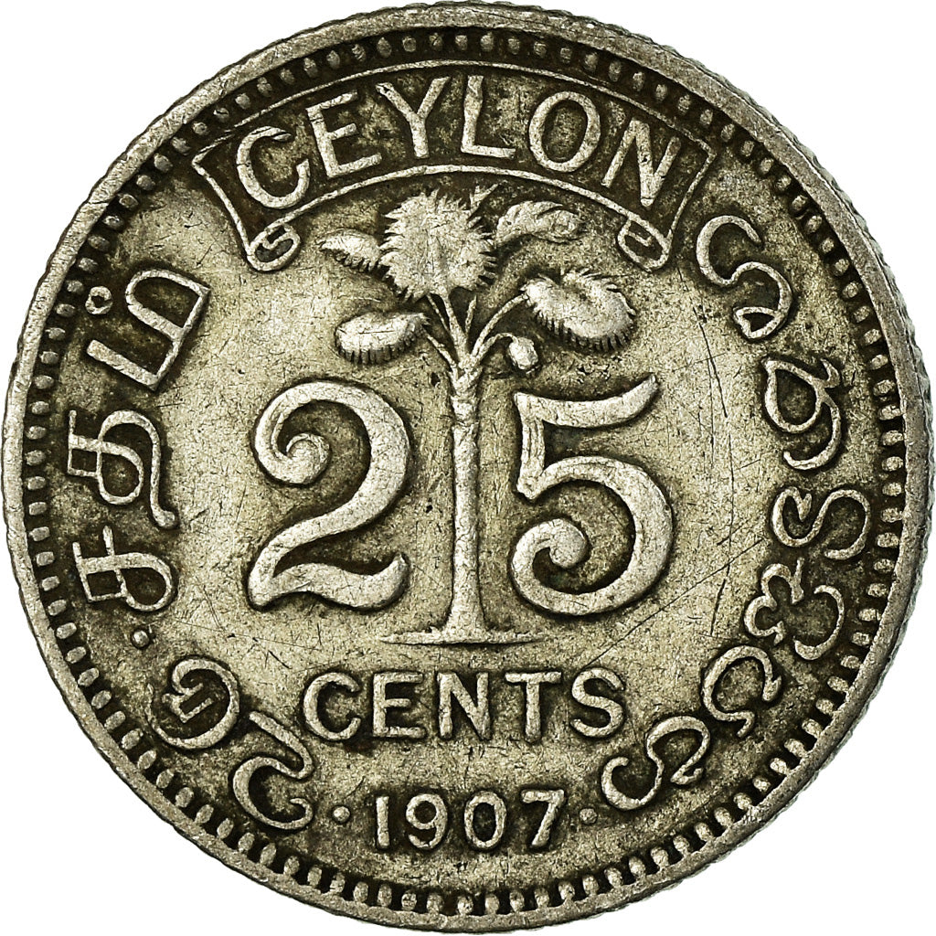 Coin, Ceylon, Edward VII, 25 Cents, 1907, VF(30-35), Silver, KM:98