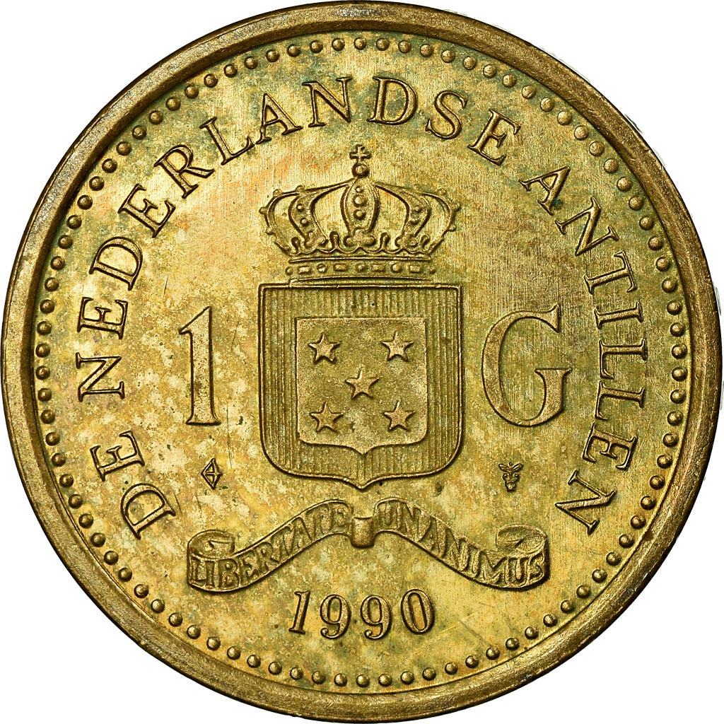 Coin, Netherlands Antilles, Beatrix, Gulden, 1990, VF(30-35), Aureate Steel