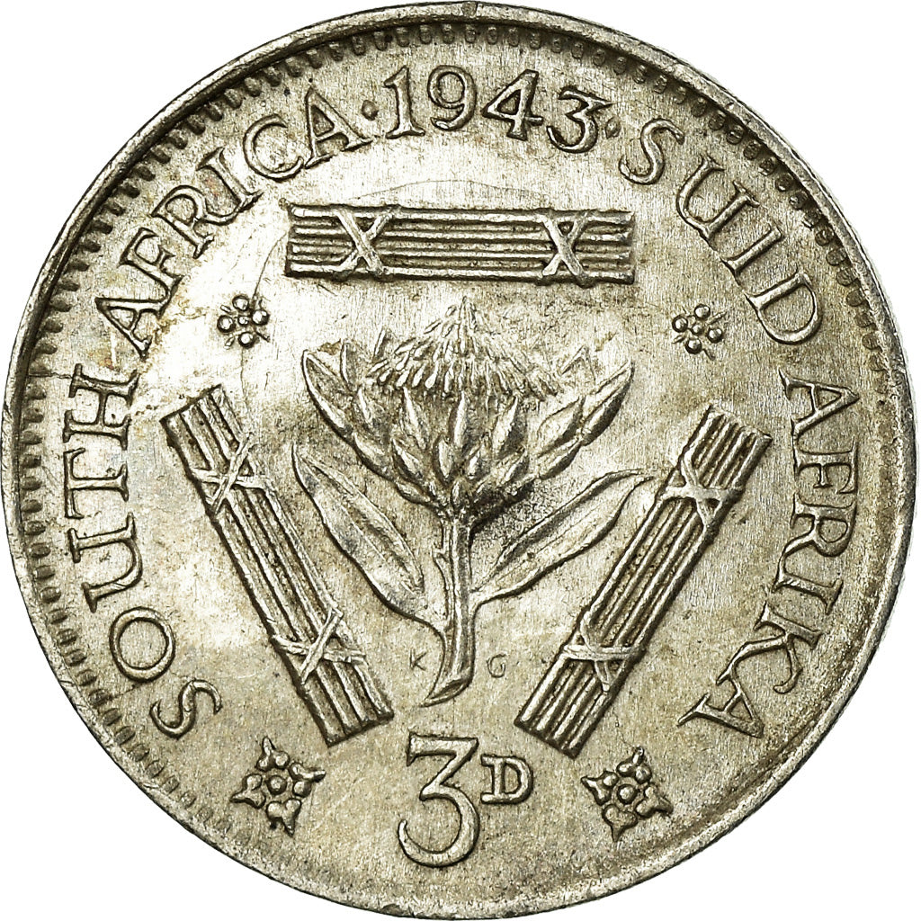 Coin, South Africa, George VI, 3 Pence, 1943, AU(55-58), Silver, KM:26