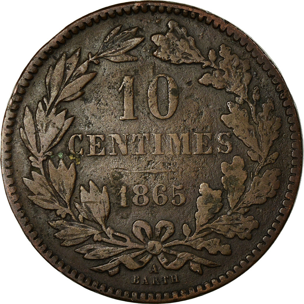 Coin, Luxembourg, William III, 10 Centimes, 1865, Paris, VF(20-25), Bronze