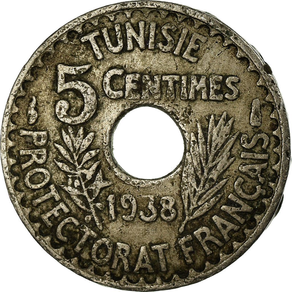 Coin, Tunisia, Ahmad Pasha Bey, 5 Centimes, 1938, Paris, VF(30-35)