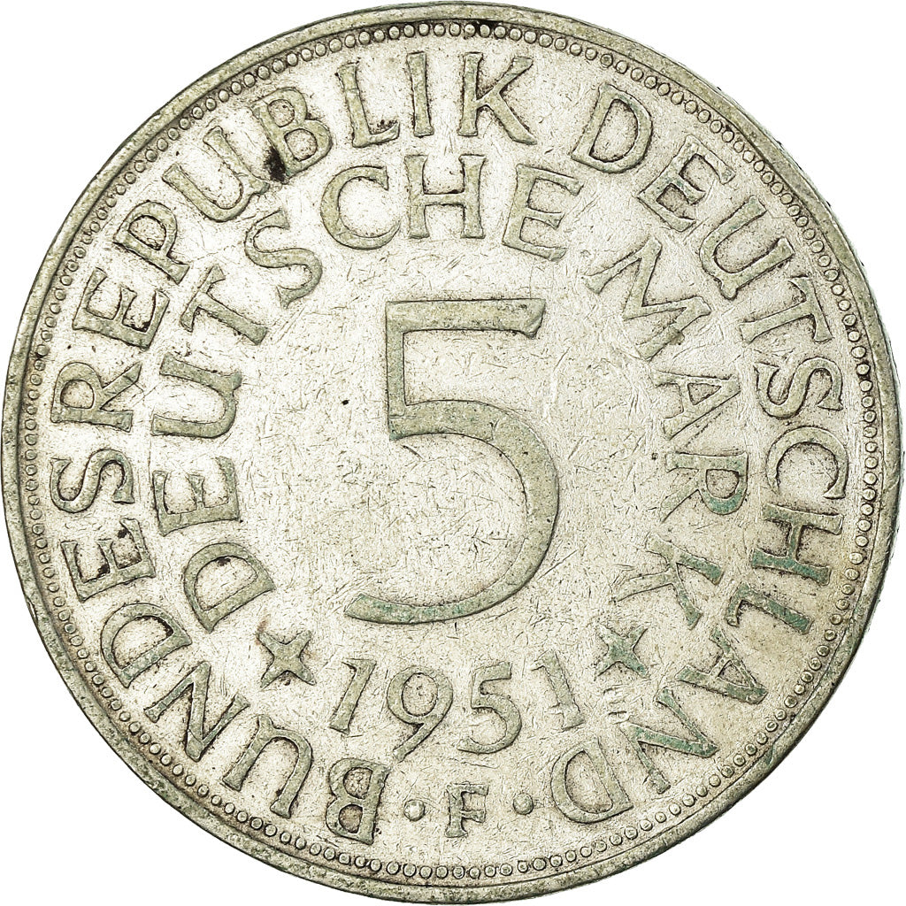 Coin, GERMANY - FEDERAL REPUBLIC, 5 Mark, 1951, Stuttgart, VF(30-35), Silver