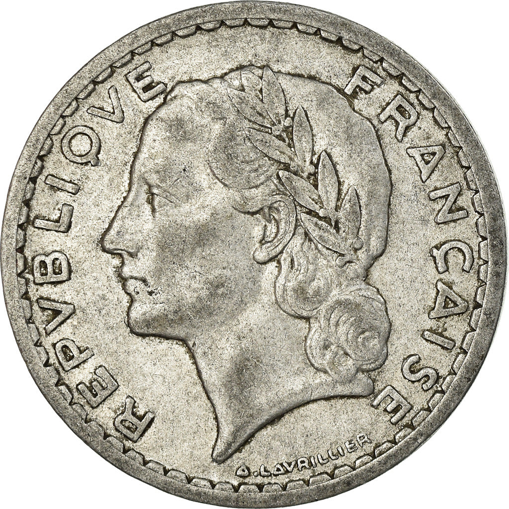 Moneda, Francia, Lavrillier, 5 Francs, 1948, Beaumont - Le Roger, BC+, Aluminio