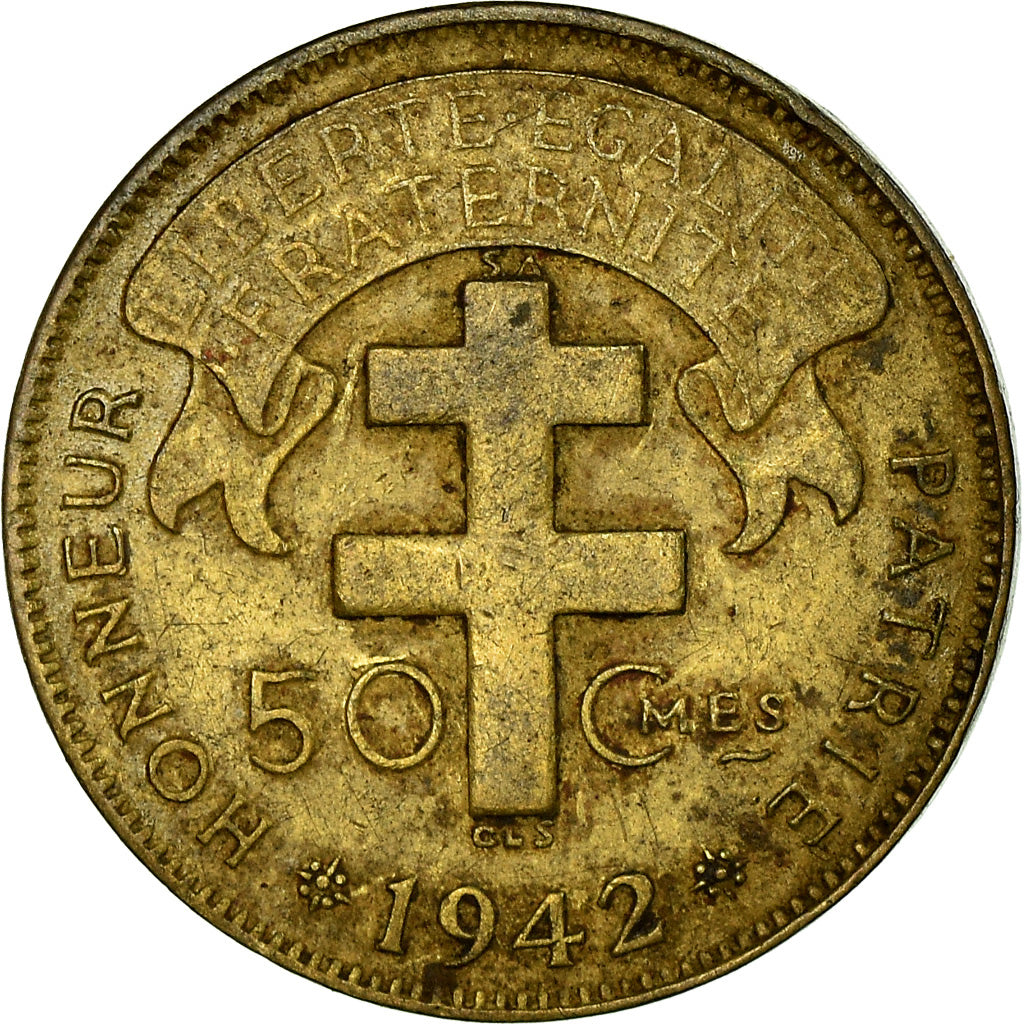 Moneda, África ecuatorial francesa, 50 Centimes, 1942, Pretoria, BC+, Latón