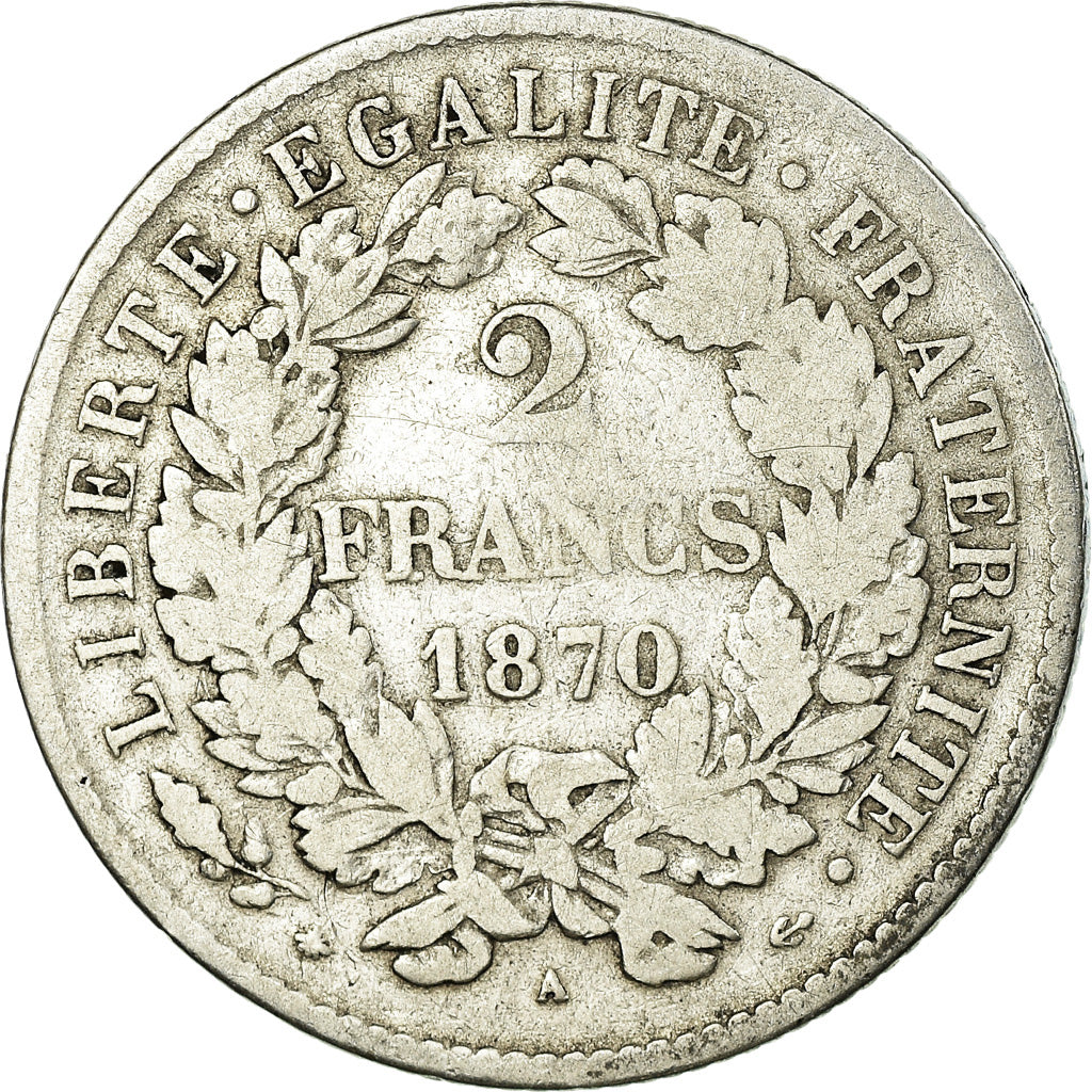 Coin, France, Napoleon III, Cérès, 2 Francs, 1870, Paris, VF(20-25), Silver