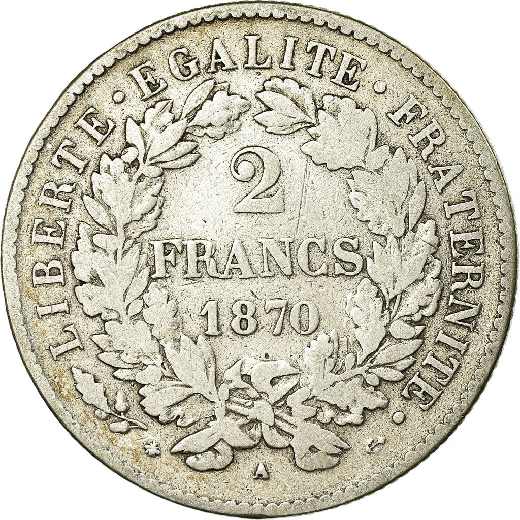Monnaie, France, Napoleon III, Cérès, 2 Francs, 1870, Paris, TB, Argent