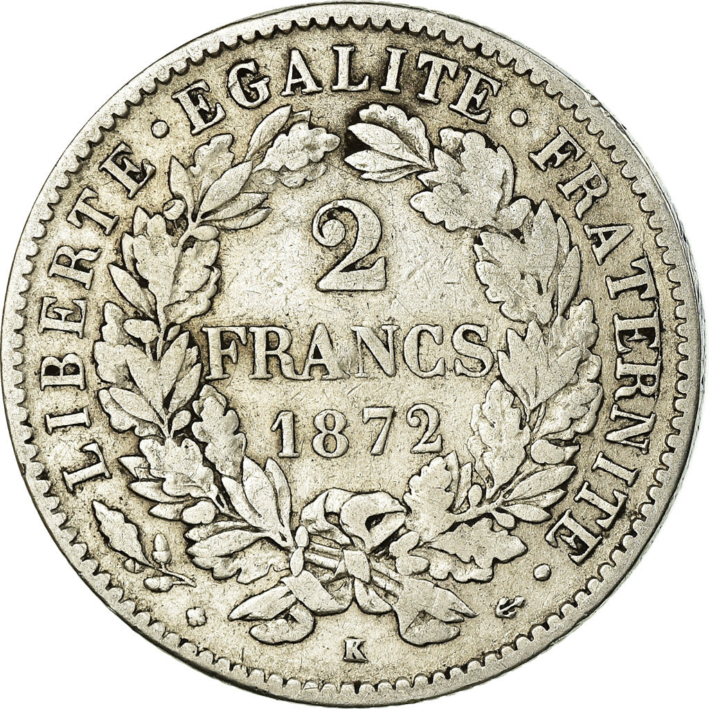 Coin, France, Cérès, 2 Francs, 1872, Bordeaux, VF(20-25), Silver, KM:817.2