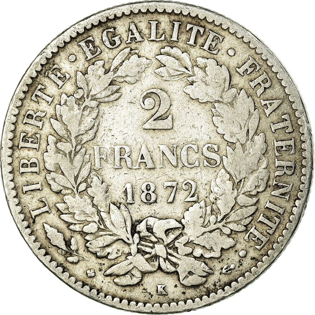 Coin, France, Cérès, 2 Francs, 1872, Bordeaux, VF(20-25), Silver, KM:817.2