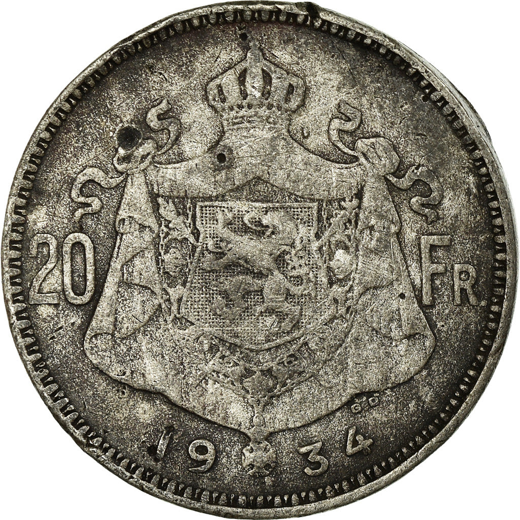 Coin, Belgium, 20 Francs, 20 Frank, 1934, VF(20-25), Silver, KM:104.1