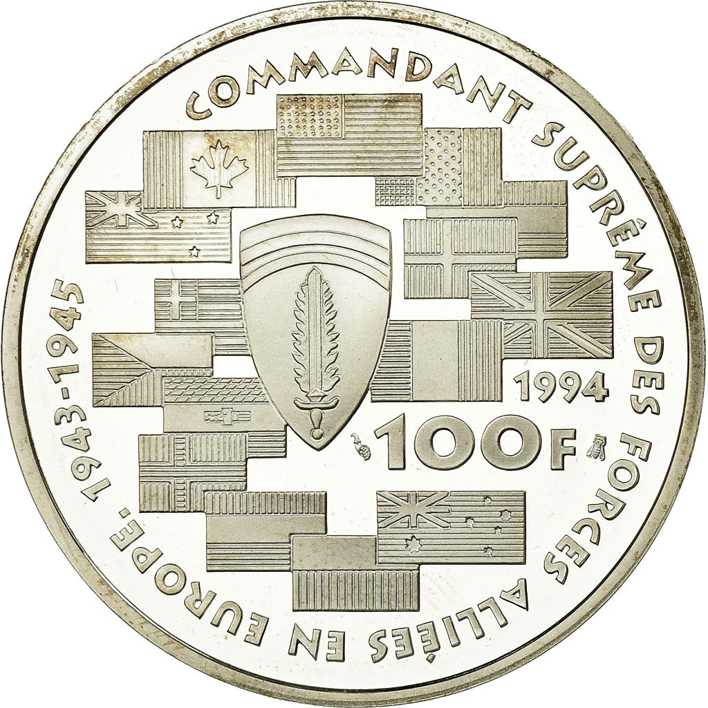 Moneta, Francia, Dwight D.  Eisenhower, 100 Francs, 1994, BE, FDC, Argento