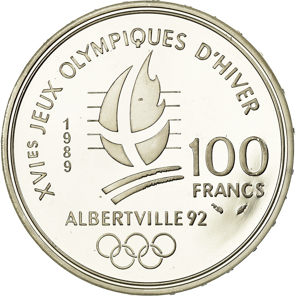 Coin, France, Alpine skiing, 100 Francs, 1989, BE, MS(65-70), Silver, KM:971
