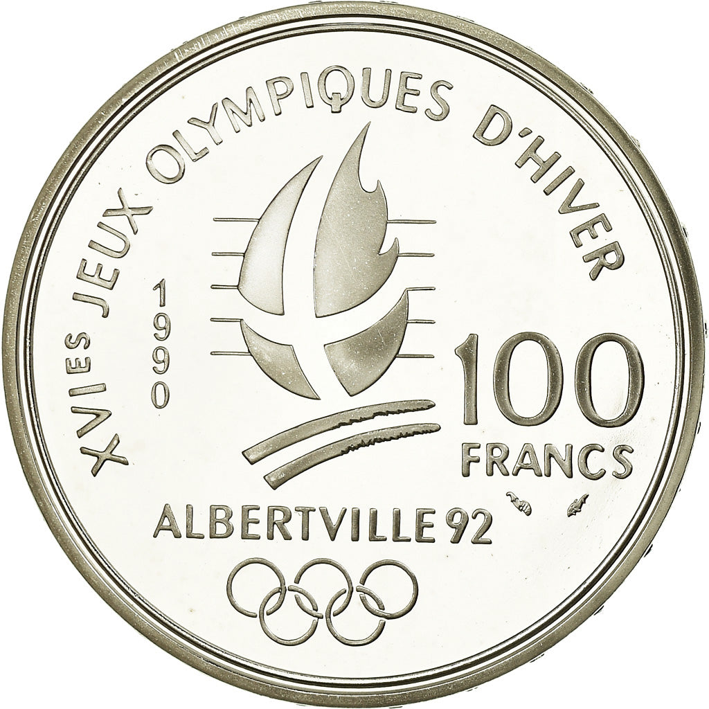 Moeda, França, Patinage de vitesse, 100 Francs, 1990, BE, MS(65-70), Prata