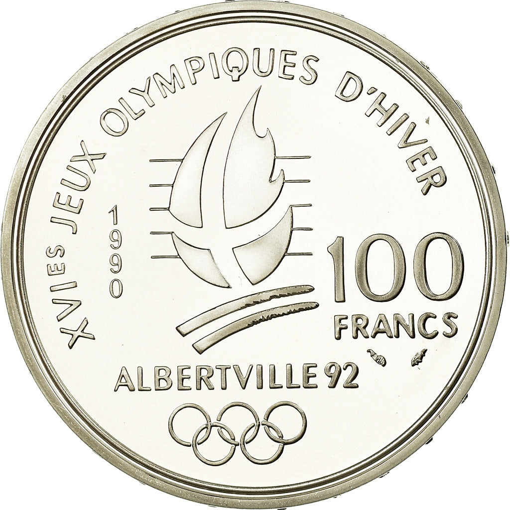 Coin, France, Bobsledding, 100 Francs, 1990, BE, MS(65-70), Silver, KM:981