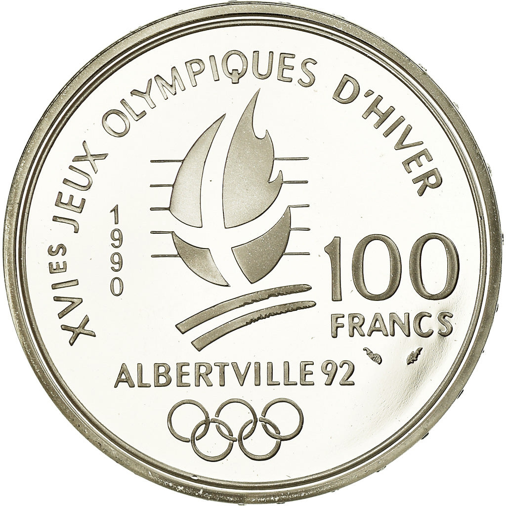 Coin, France, Slalom skiers, 100 Francs, 1990, BE, MS(65-70), Silver, KM:984