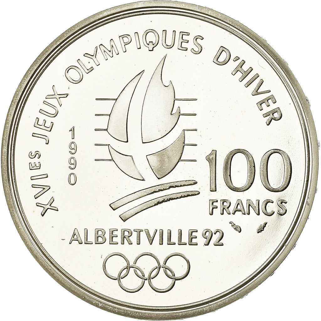 Coin, France, Free-style skier, 100 Francs, 1990, BE, MS(65-70), Silver, KM:983
