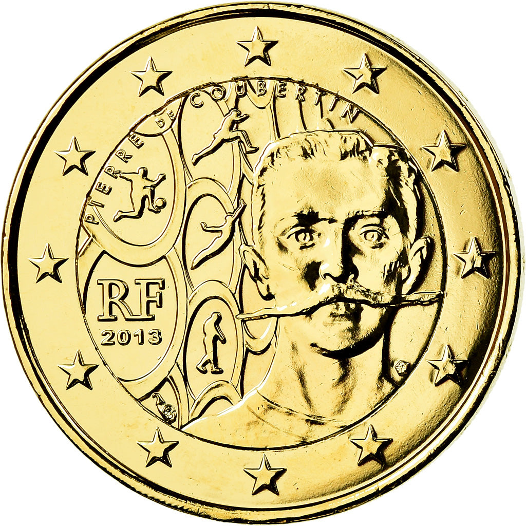 France, Pierre de Coubertin, 2 Euro, 2013, golden, AU(55-58), Bi-Metallic
