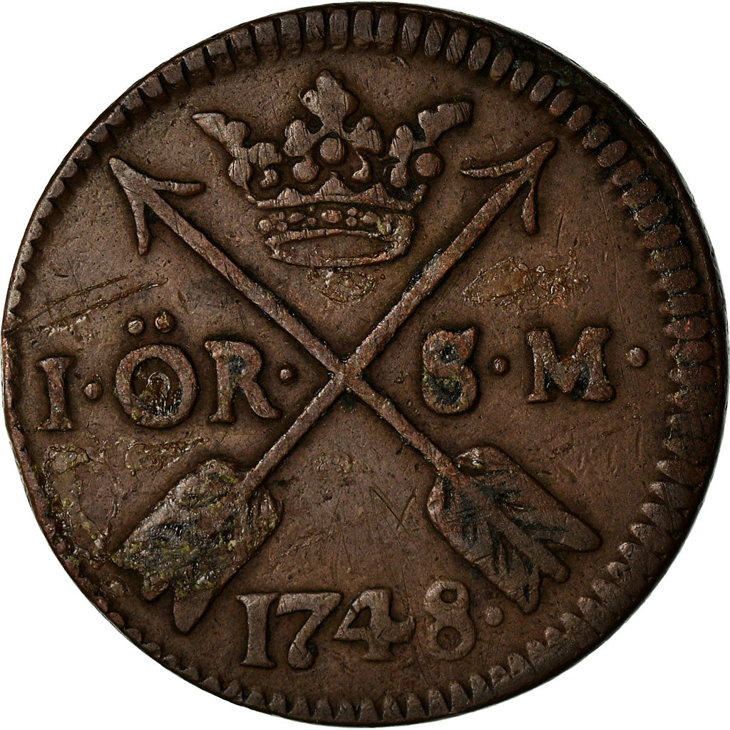 Coin, Sweden, Frederick I, Ore, S.M., 1748, VF(20-25), Copper, KM:416.1