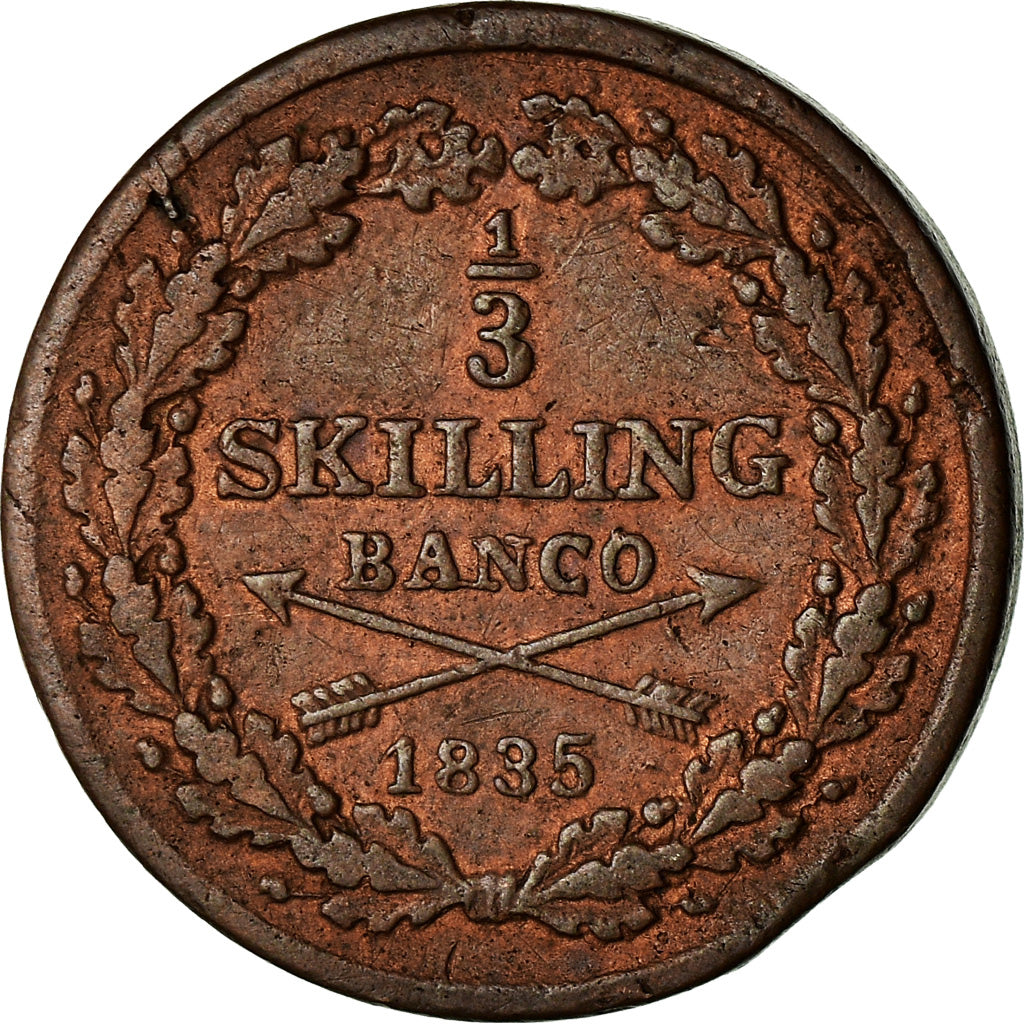 Coin, Sweden, Carl XIV Johan, 1/3 Skilling, 1835, VF(30-35), Copper, KM:640