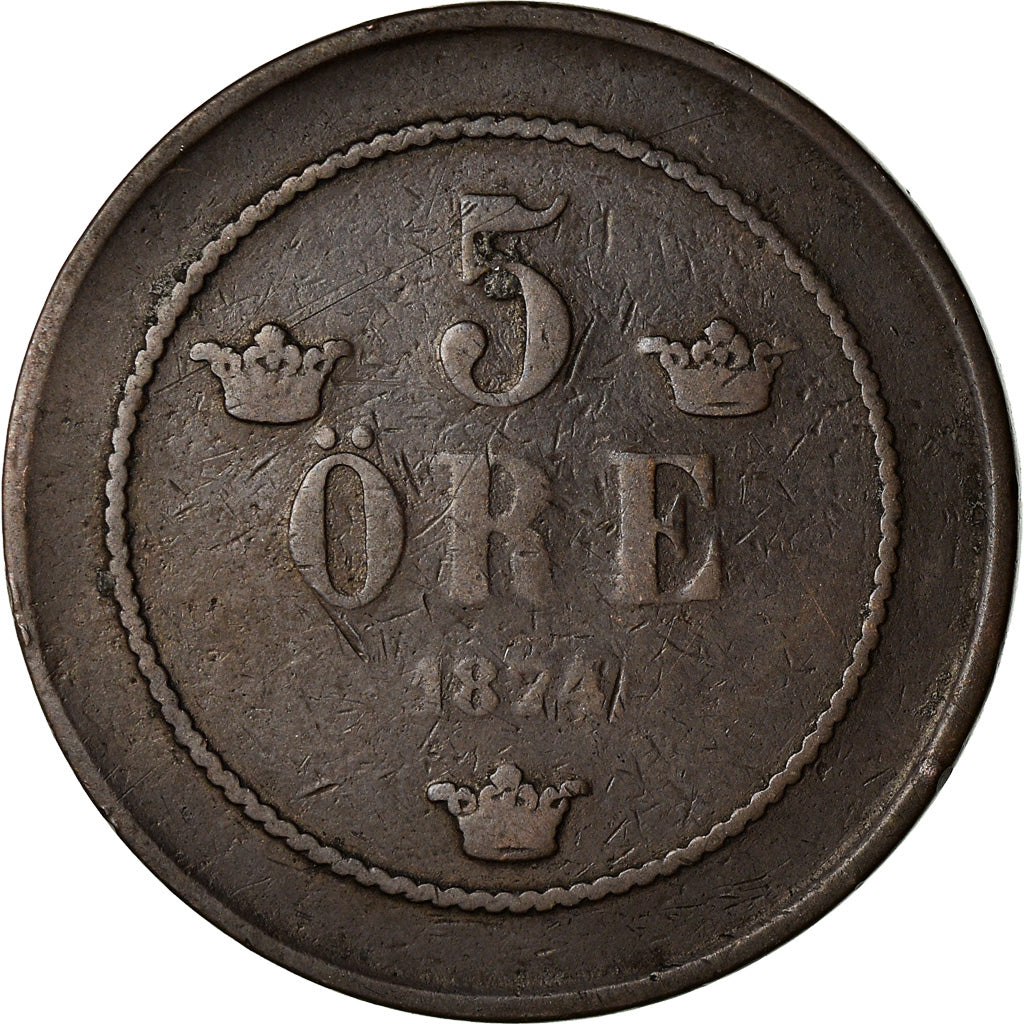Coin, Sweden, Oscar II, 5 Öre, 1874, VF(20-25), Bronze, KM:736