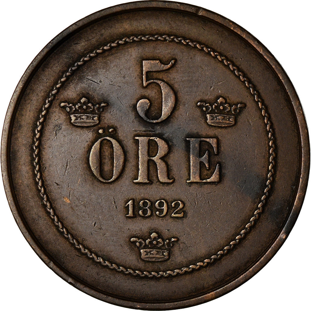 Coin, Sweden, Oscar II, 5 Öre, 1892, EF(40-45), Bronze, KM:757