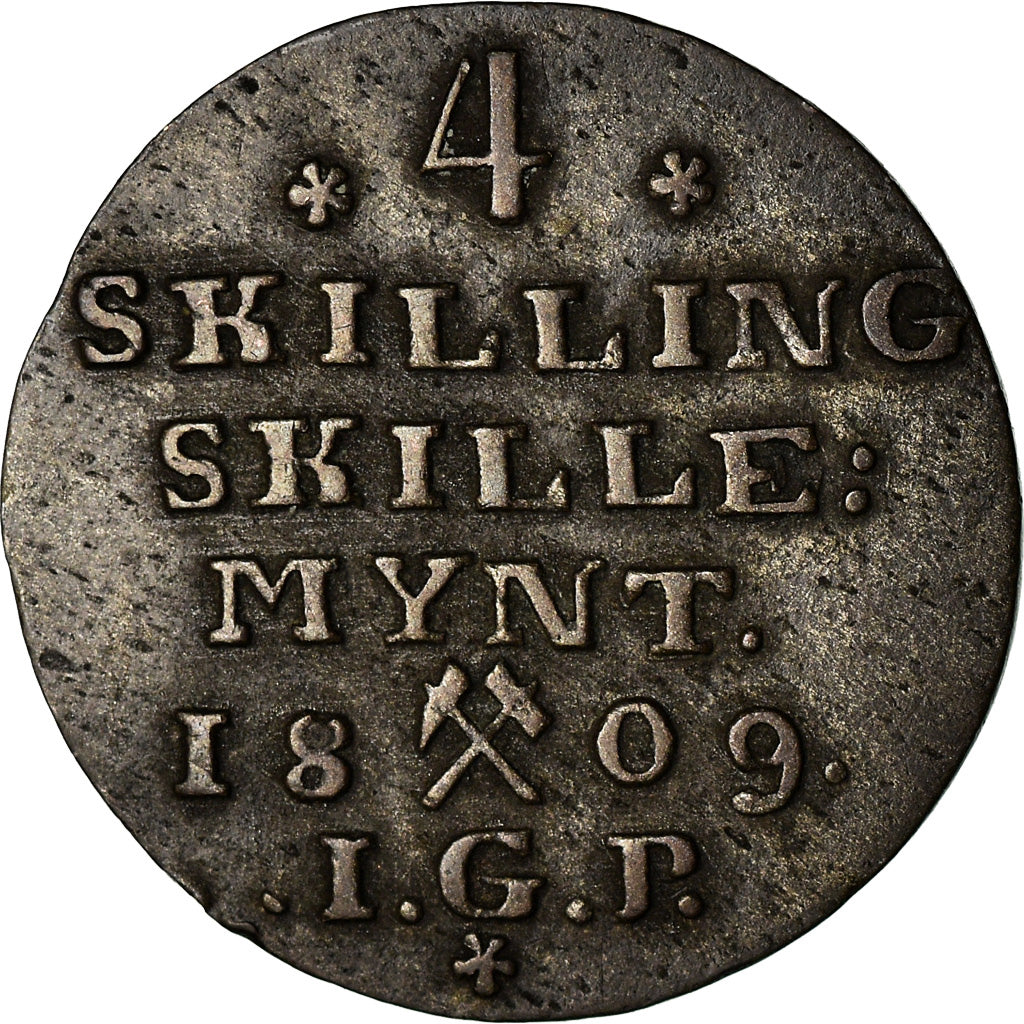 Moneda, Noruega, Frederick IX, 4 Skilling, 1809, MBC, Plata, KM:276.1