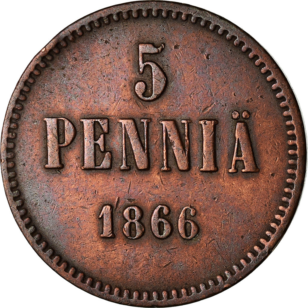 Coin, Finland, Alexander II, 5 Pennia, 1866, VF(30-35), Copper, KM:4.1