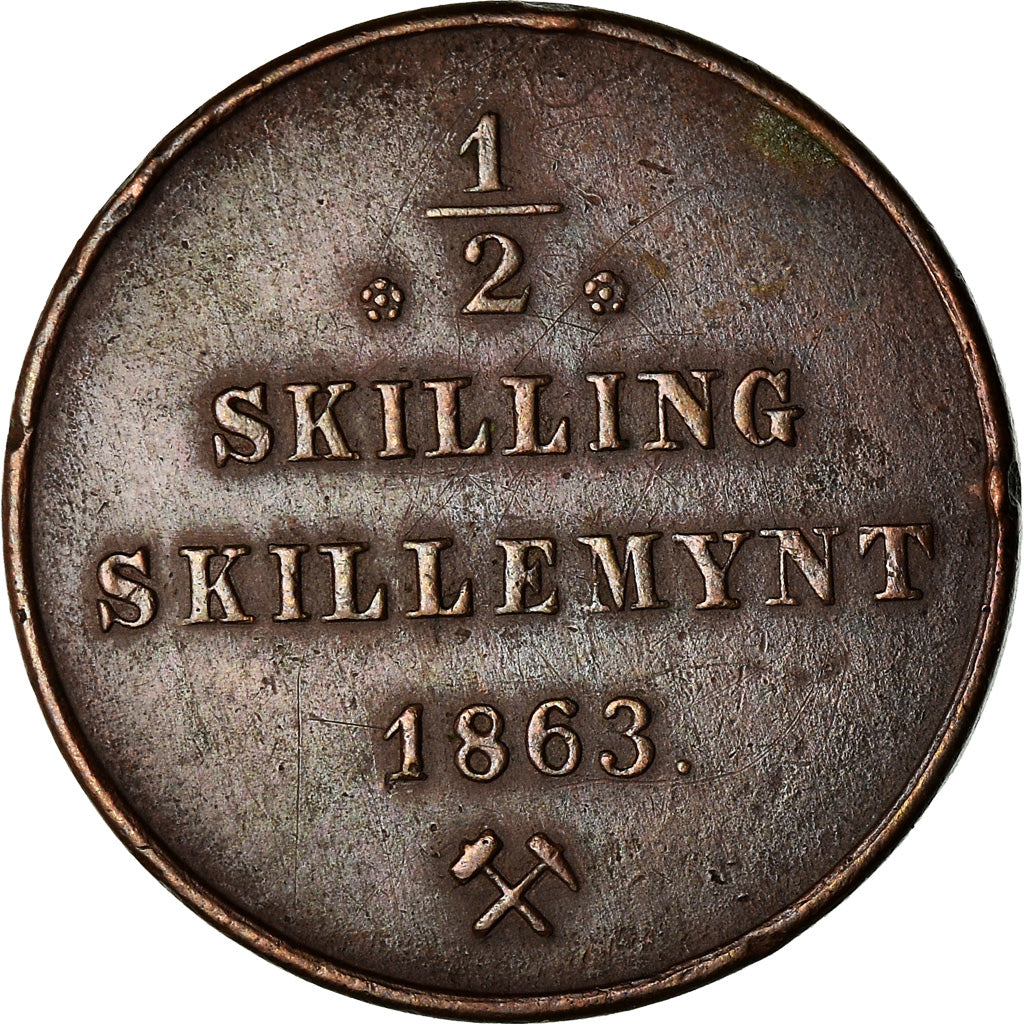 Moneda, Noruega, Carl XV, 1/2 Skilling, 1863, MBC, Cobre, KM:324