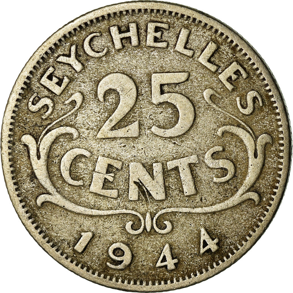 Coin, Seychelles, 25 Cents, 1944, British Royal Mint, VF(30-35), Silver, KM:2