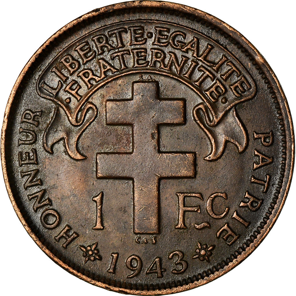 Coin, Cameroon, Franc, 1943, Pretoria, AU(55-58), Bronze, KM:5