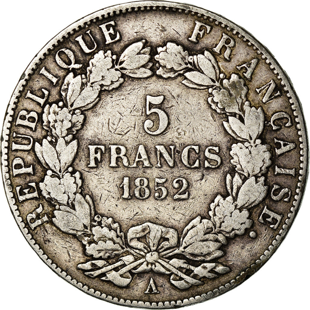 Moneda, Francia, Napoléon III, 5 Francs, 1852, Paris, BC+, Plata, KM:773.1