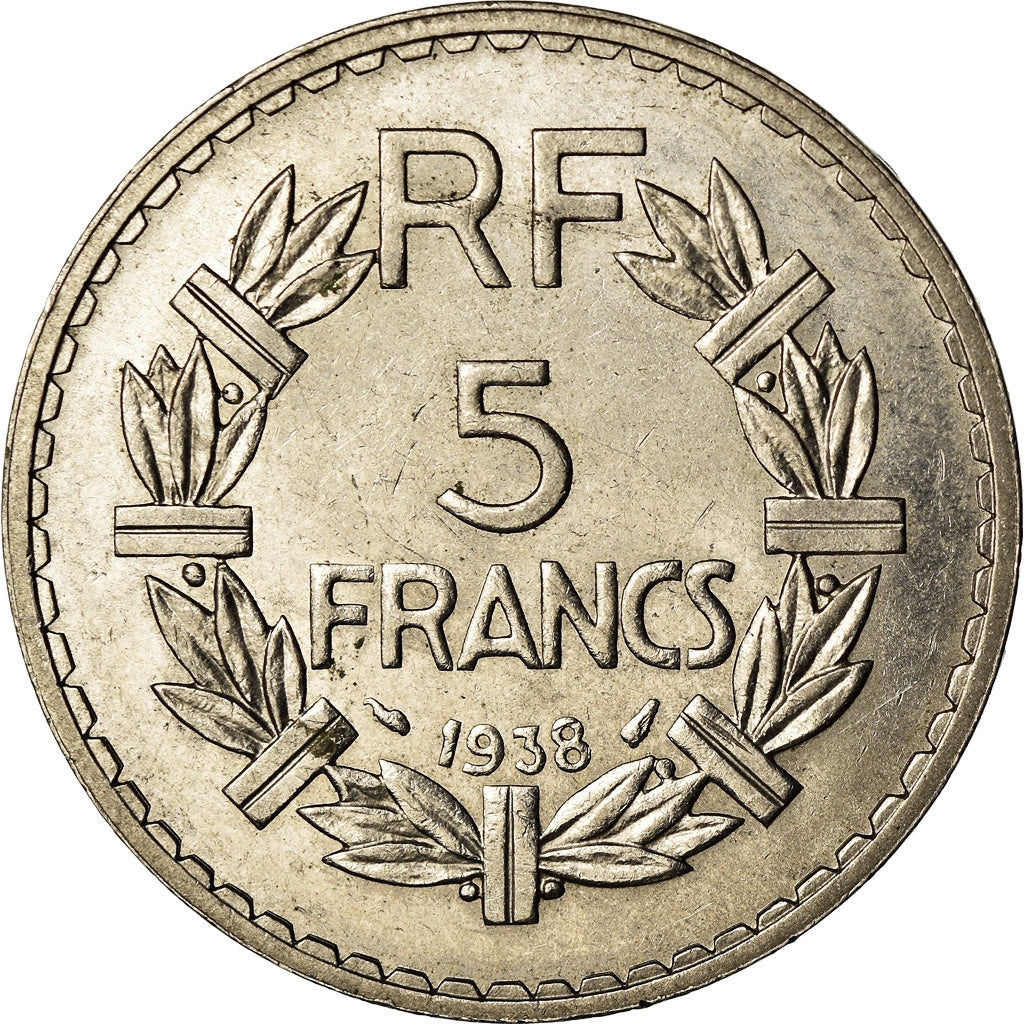 Moneda, Francia, Lavrillier, 5 Francs, 1938, Paris, BC+, Níquel, KM:888