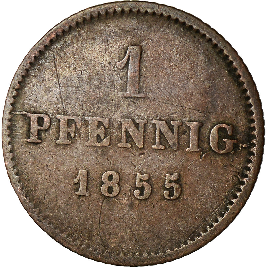 Coin, German States, BAVARIA, Maximilian II, Pfennig, 1855, Munich, VF(30-35)