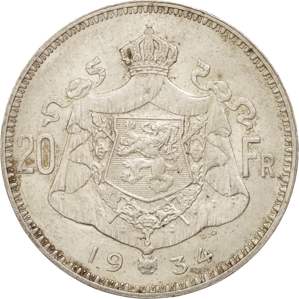 Coin, Belgium, 20 Francs, 20 Frank, 1934, AU(50-53), Silver, KM:104.1