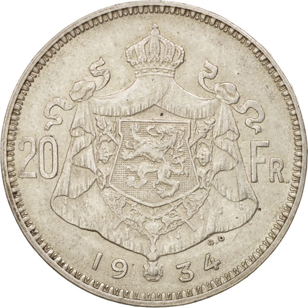Coin, Belgium, 20 Francs, 20 Frank, 1934, AU(50-53), Silver, KM:104.1