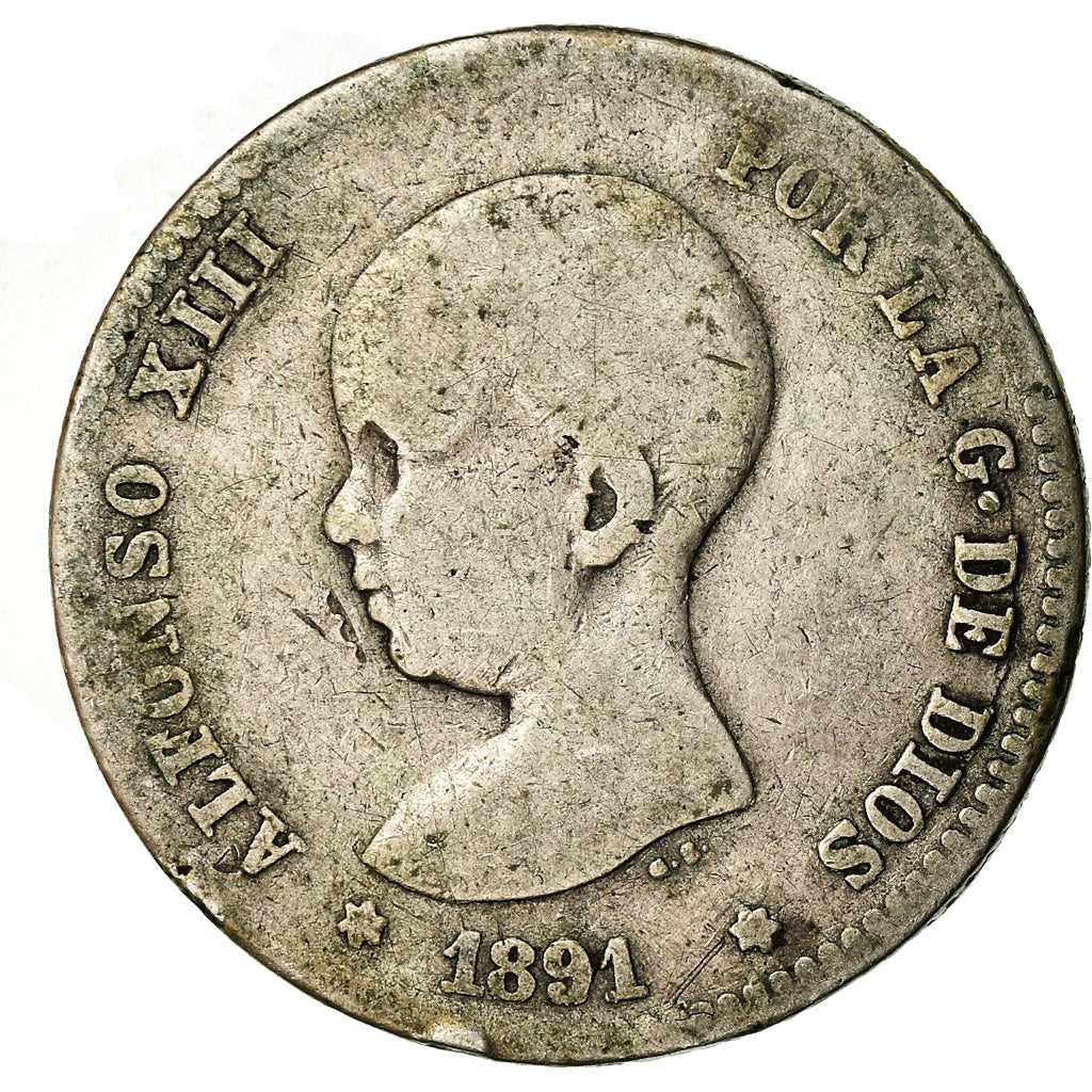 Coin, Spain, Alfonso XIII, Peseta, 1891, Madrid, F(12-15), Silver, KM:691