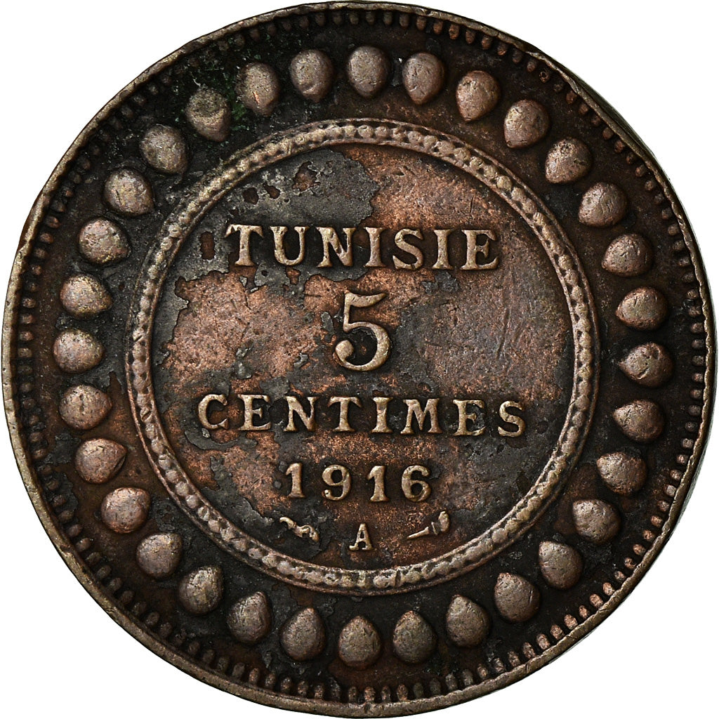 Coin, Tunisia, Muhammad al-Nasir Bey, 5 Centimes, 1916/AH1334, Paris, VF(30-35)