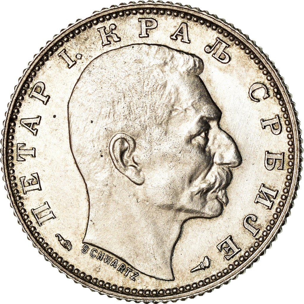 Coin, Serbia, Peter I, Dinar, 1915, Paris, MS(63), Silver, KM:25.3
