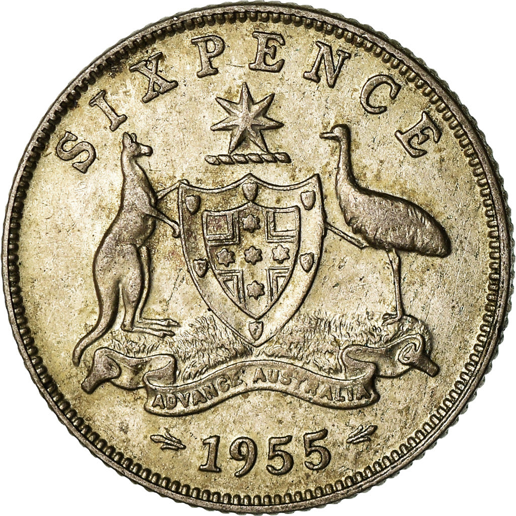 Münze, Australien, Elizabeth II, Sixpence, 1955, Melbourne, S+, Silber, KM:58